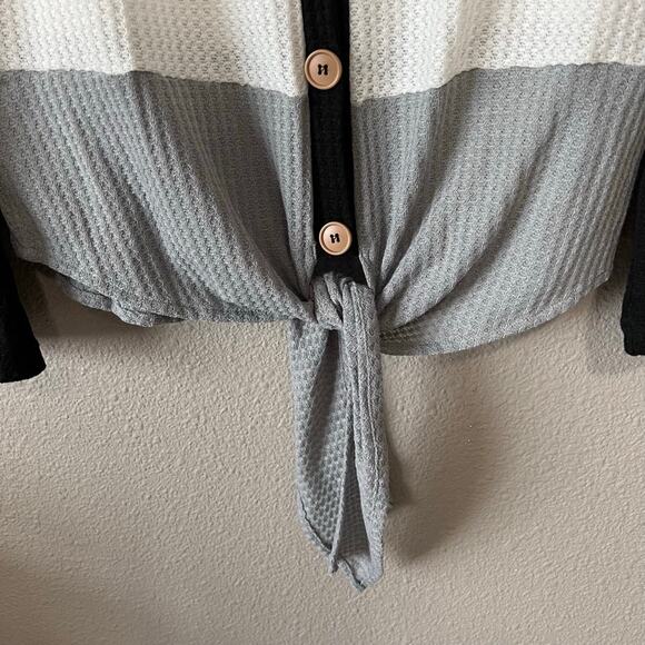 Color Blocking Button Down Tie Front V-Neck Waffle Knit Womens Long Sleeve Top - Picture 5 of 9